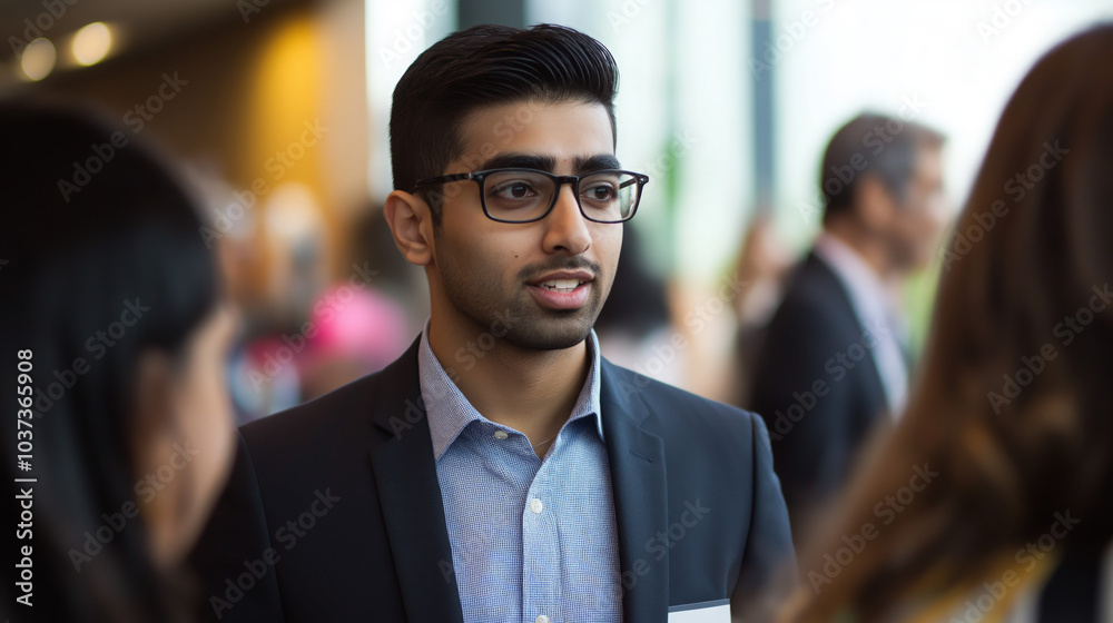 An image of a young Indian professional confidently networking at a business event, engaging with peers and exchanging ideas in a vibrant atmosphere. An image of a young Indian professional confidently networking at a business event, engaging with peers and exchanging ideas in a vibrant atmosphere.