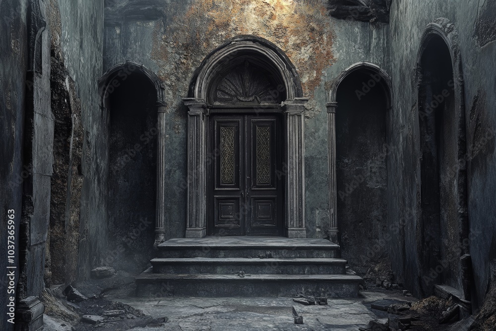 Ancient Stone Corridor with Weathered Double Doors Ancient Stone Corridor with Weathered Double Doors
