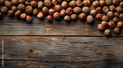 Various hazelnuts scattered on a rustic wooden surface.