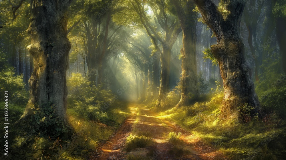 Obraz premium Sunlight streams through lush forest canopy creating a magical, inviting, and serene pathway scene