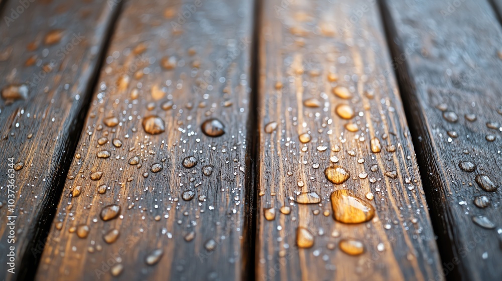 Wooden surface with water droplets, captured in a natural, outdoor setting. Wooden surface with water droplets, captured in a natural, outdoor setting.