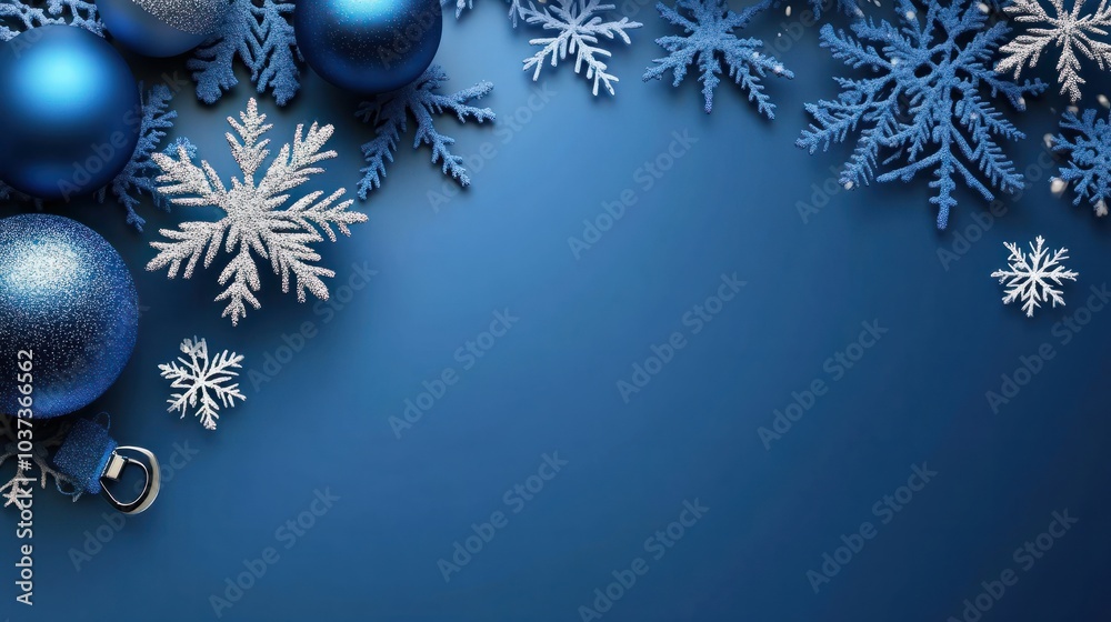 blue christmas background with snowflakes and christmas balls. Copy space backgrounds blue christmas background with snowflakes and christmas balls. Copy space backgrounds