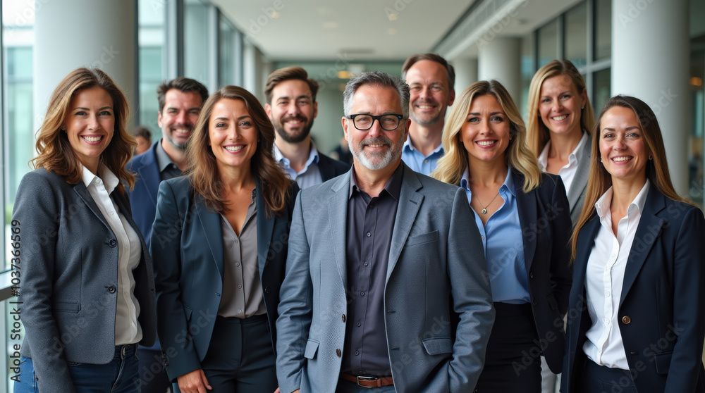 Obraz premium Diverse Group of Professional Business Team in Bright Office Environment - Leadership, Teamwork, and Collaboration