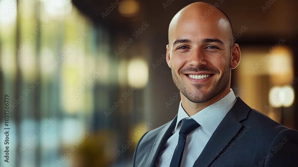 Professional Man Smiling in Modern Office Setting Professional Man Smiling in Modern Office Setting