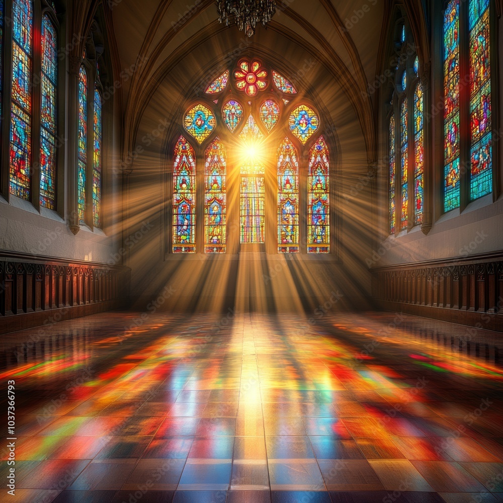 Obraz premium Sunbeams Through Stained Glass: A dramatic photo of sunlight streaming through a stained glass window in a grand cathedral, casting vibrant, colorful rays across the polished floor.