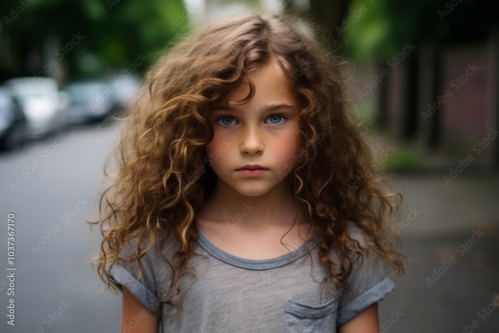 Portrait of a beautiful little girl with curly hair on the street Portrait of a beautiful little girl with curly hair on the street