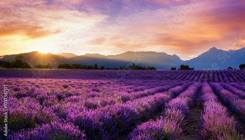 captivating lavender field illuminated by the warm sunset light casting a purple hue over the blooming flowers and majestic mountains in the distance