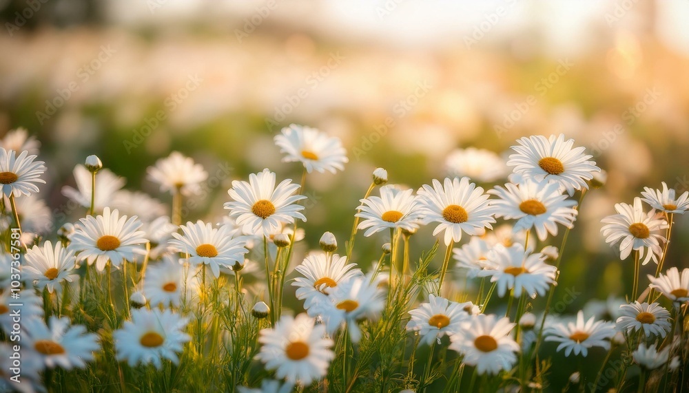 Fototapeta premium delicate white daisies in a softly lit field