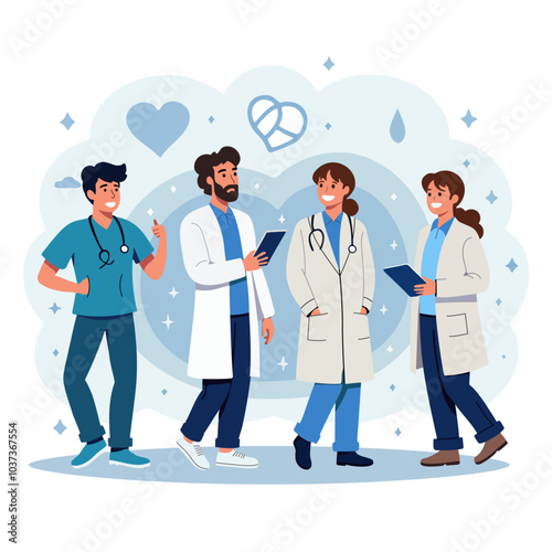 Medical team discussing, happy new year greetings, 2025, four doctors and healthcare workers