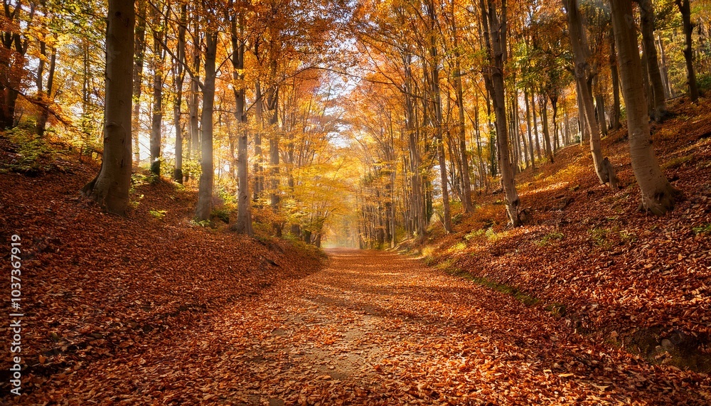 forest path covered with fallen leaves leading through autumn trees