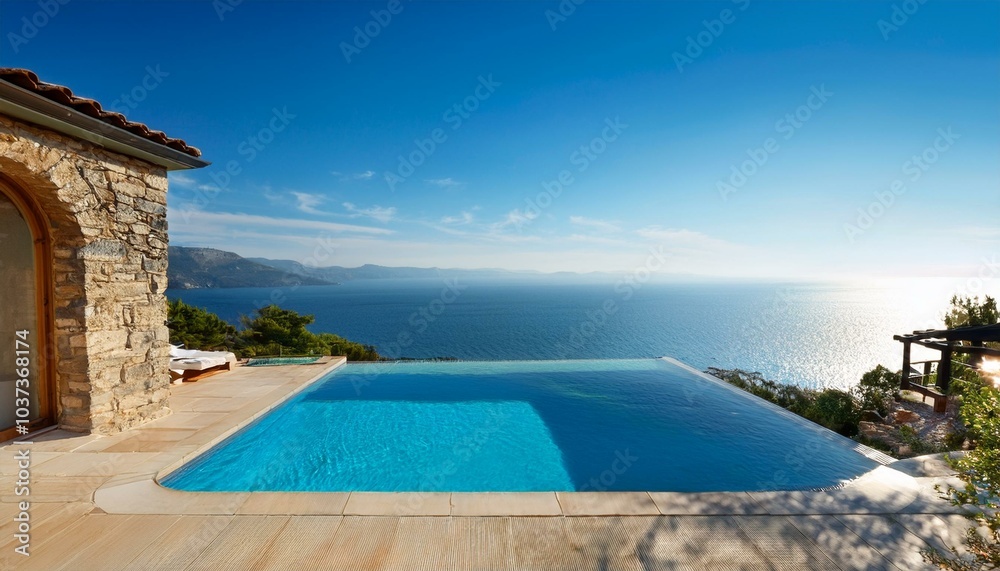 Fototapeta premium infinity pool overlooking beautiful mediterranean sea and coastline with stone villa