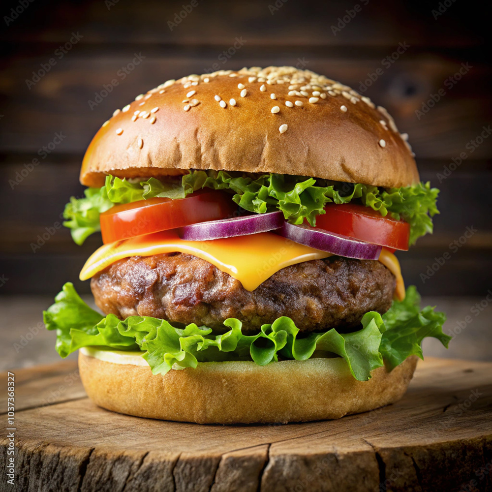 Cheeseburger with tomato, onion, lettuce and cheddar on sesame seed bun – Hamburguesa con tomate, cebolla, lechuga y queso cheddar en pan con semillas de sésamo. Cheeseburger with tomato, onion, lettuce and cheddar on sesame seed bun – Hamburguesa con tomate, cebolla, lechuga y queso cheddar en pan con semillas de sésamo.