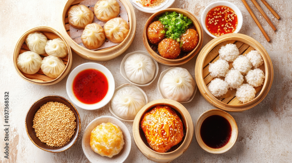 An overhead shot of various Chinese dim sum, including xiao long bao, sesame balls, and rice noodle rolls, arranged on a table with dipping sauces --chaos An overhead shot of various Chinese dim sum, including xiao long bao, sesame balls, and rice noodle rolls, arranged on a table with dipping sauces --chaos