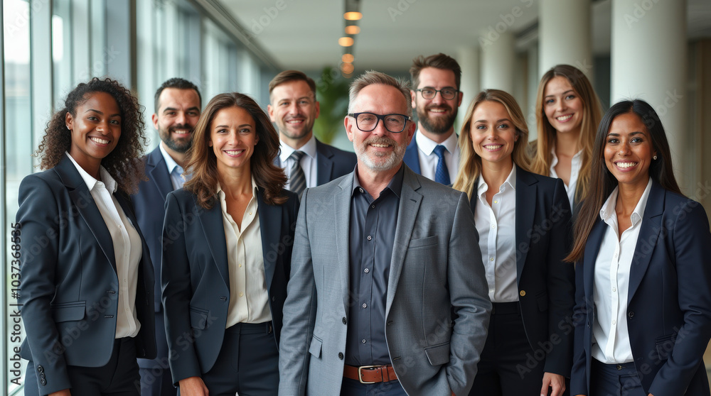 Diverse Group of Professional Business Team in Bright Office Environment - Leadership, Teamwork, and Collaboration Diverse Group of Professional Business Team in Bright Office Environment - Leadership, Teamwork, and Collaboration