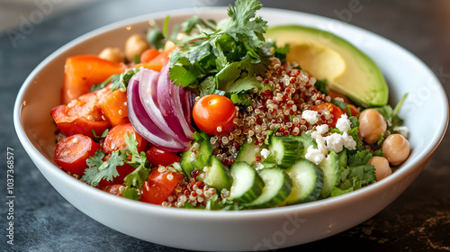 Vibrant Quinoa Salad with Fresh Vegetables, Chickpeas, Avocado, and Feta Cheese in a Large White Bowl - A Wholesome and Colorful Meal