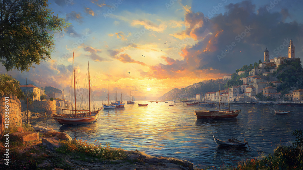 Fototapeta premium A peaceful harbor at sunrise, with fishing boats gently bobbing in the water, framed by a picturesque landscape.