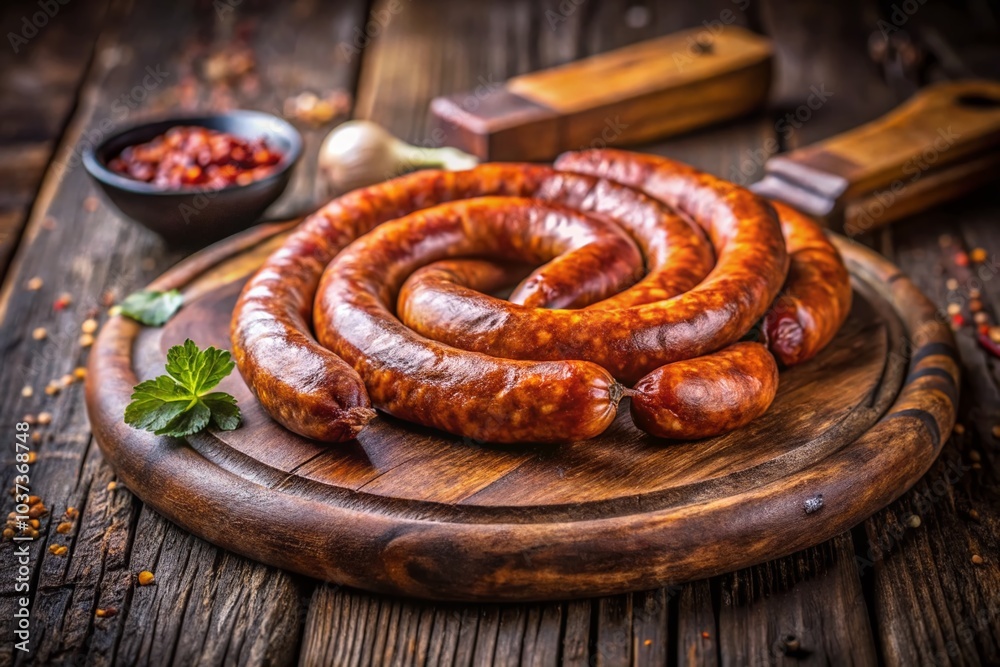 Fototapeta premium Rustic Macro Photography of Semismoked Sausage Ring on Wooden Chopping Board