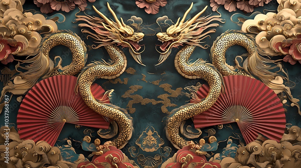 Chinese-style dragons in a luxurious red and gold palette, surrounded by intricate fans and clouds Chinese-style dragons in a luxurious red and gold palette, surrounded by intricate fans and clouds