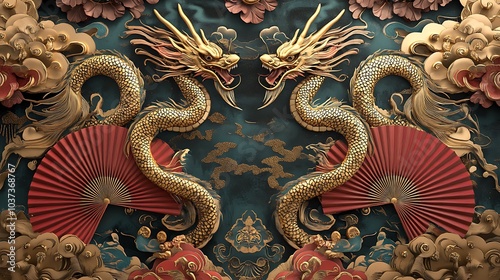 Wallpaper Mural Chinese-style dragons in a luxurious red and gold palette, surrounded by intricate fans and clouds Torontodigital.ca