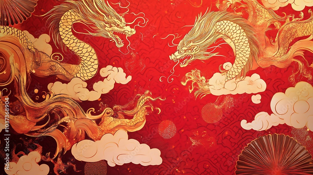 Obraz premium Elegant Eastern-inspired art with gold dragons, layered fans, and swirling clouds on a vibrant red background