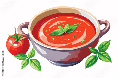 Vibrant Watercolor Red Tomato Soup Illustration on White Background