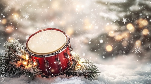 Red christmas drum lying on snow with fairy lights and pine branches photo