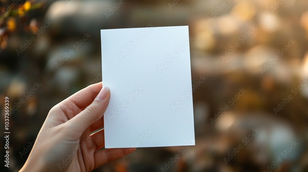 A hand presents a blank white card in front of a street, indicating a flyer or brochure being showcased. A hand presents a blank white card in front of a street, indicating a flyer or brochure being showcased.