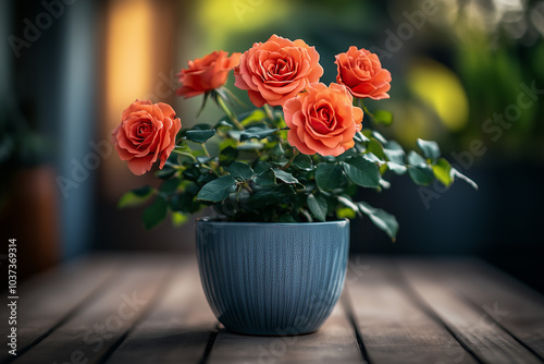 Beautiful red rose flower in the pot on a garden yard background. Gardening concept.