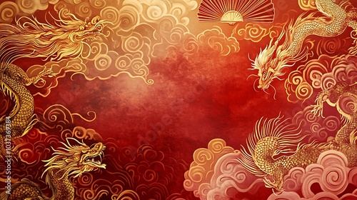 Wallpaper Mural Layered design with swirling clouds, traditional fans, and Chinese dragons in gold on a rich red background Torontodigital.ca