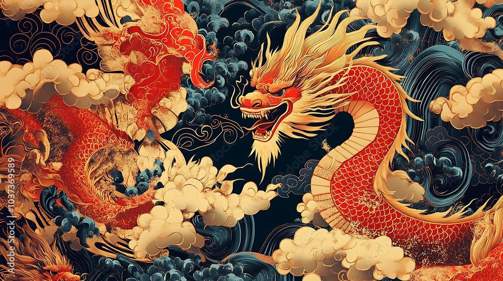 Ornate red and gold design with majestic dragons, swirling clouds, and traditional fans Ornate red and gold design with majestic dragons, swirling clouds, and traditional fans