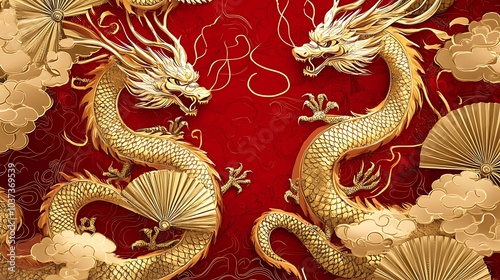 Wallpaper Mural Majestic gold dragons on a bold red background surrounded by intricate fans and swirling clouds Torontodigital.ca