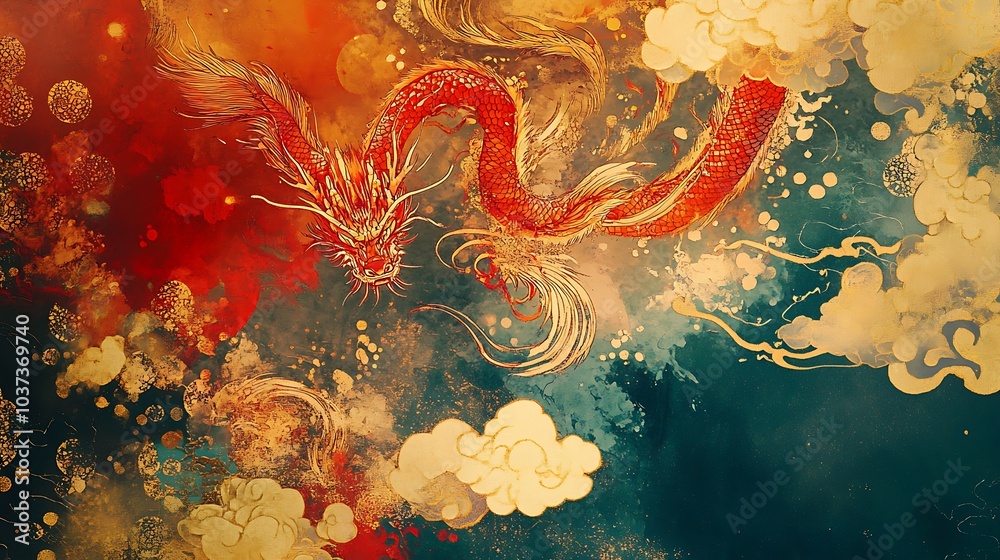 Rich Chinese art design with dragons and clouds in red and gold on a vibrant background Rich Chinese art design with dragons and clouds in red and gold on a vibrant background