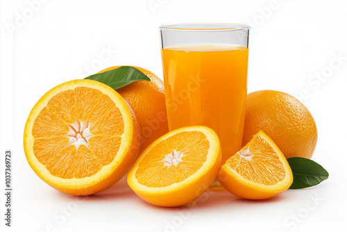 Glass of orange juice and sliced oranges isolate don the white background.