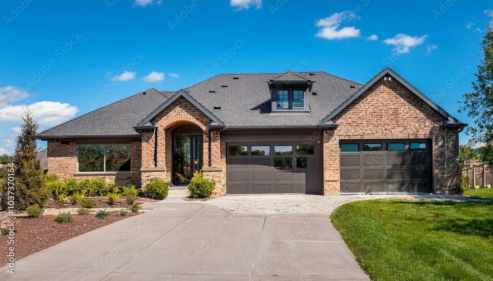 modern brick home with slate roof and large driveway on sunny day modern brick home with slate roof and large driveway on sunny day