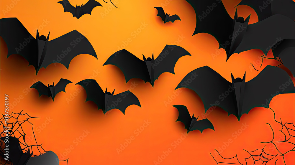 A Halloween background featuring paper bats on an orange and black gradient, with the bats' shadows creating a spooky and dynamic effect --chaos A Halloween background featuring paper bats on an orange and black gradient, with the bats' shadows creating a spooky and dynamic effect --chaos