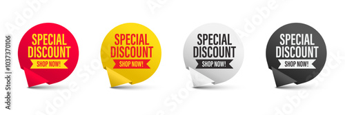 Special discount symbol. 3D Round sticker badge with offer message. Advertising discounts symbol. Promotion set for shopping marketing, clearance sale and advertisement Vector illustration.
