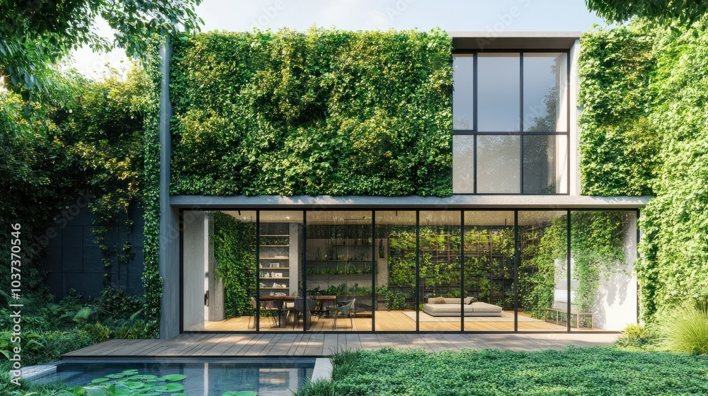 Courtyard of eco house, condominium with green meadow in yard and vertical gardens. Large glass windows and lush greenery, eco friendly urban living. City landscape greening. Background for banner Courtyard of eco house, condominium with green meadow in yard and vertical gardens. Large glass windows and lush greenery, eco friendly urban living. City landscape greening. Background for banner