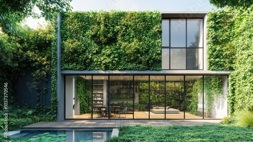 Courtyard of eco house, condominium with green meadow in yard and vertical gardens. Large glass windows and lush greenery, eco friendly urban living. City landscape greening. Background for banner