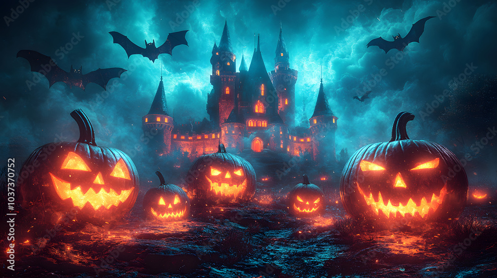 A Spooky Halloween Night Background Featuring a Mysterious Ghostly Castle Silhouetted Against a Full Moon, Surrounded by Eerie Pumpkins and Twisting Vines, Creating an Enchanting Yet Chilling Atmosphe A Spooky Halloween Night Background Featuring a Mysterious Ghostly Castle Silhouetted Against a Full Moon, Surrounded by Eerie Pumpkins and Twisting Vines, Creating an Enchanting Yet Chilling Atmosphe