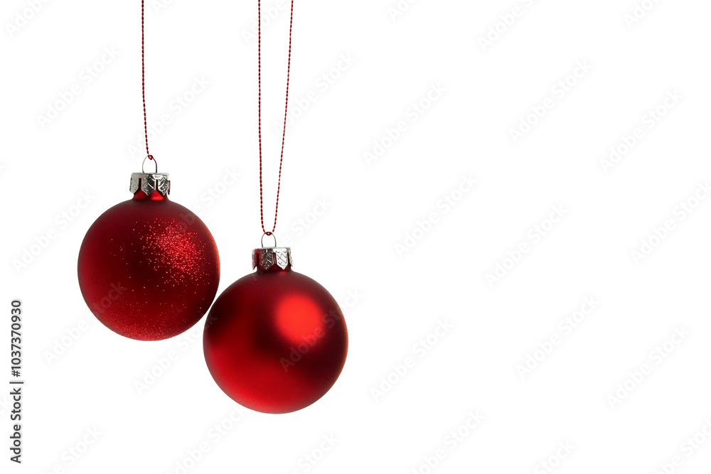 Two red Christmas ornaments hanging, symbolizing holiday spirit. Two red Christmas ornaments hanging, symbolizing holiday spirit.