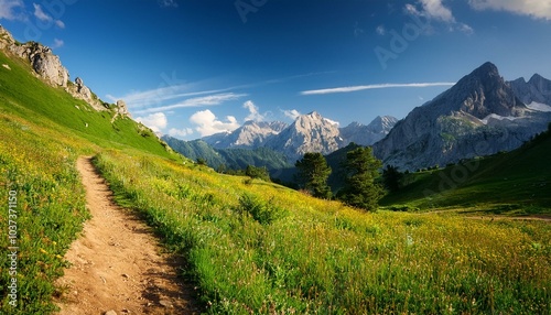 scenic trail through a vibrant meadow unveils breathtaking mountain views on a sunny day