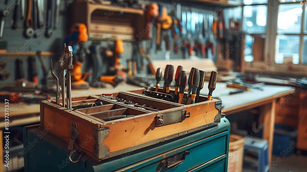A toolbox and a set of screwdrivers in a workshop A toolbox and a set of screwdrivers in a workshop