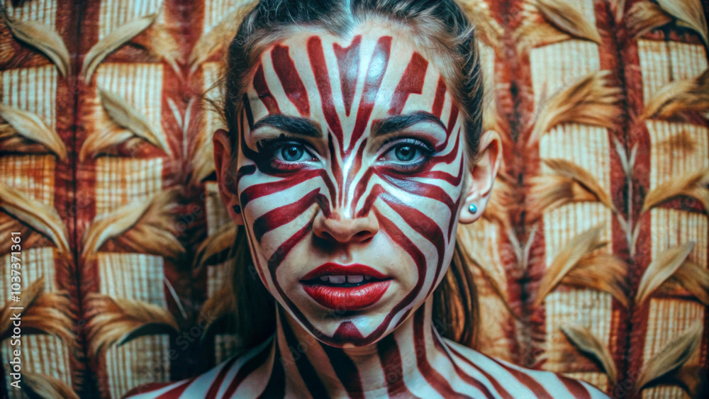 The man's face is decorated with bold red and white stripes that create a striking, zebra-like pattern. The background is characterized by a complementary design of brown and tan leaf patterns. AI gen The man's face is decorated with bold red and white stripes that create a striking, zebra-like pattern. The background is characterized by a complementary design of brown and tan leaf patterns. AI gen