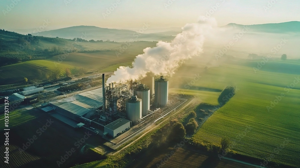 Fototapeta premium Industrial Facility Against Scenic Landscape