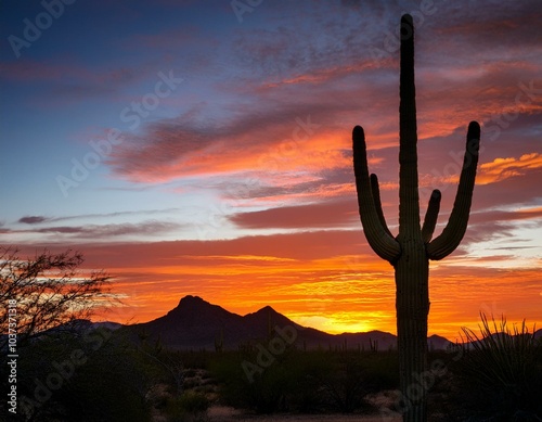 Wallpaper Mural stunning desert sunset with a silhouette of a saguaro cactus against a colorful sky and distant mountains capturing the essence of the arid southwest Torontodigital.ca