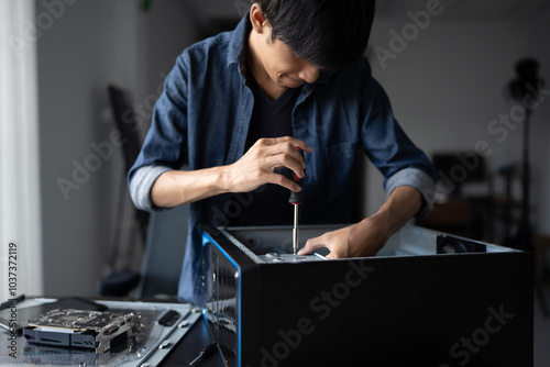 IT Engineer installing Hardware Equipment Development Facility Engineer  Maintenance computer Motherboard Electronic repair shop technology business photo