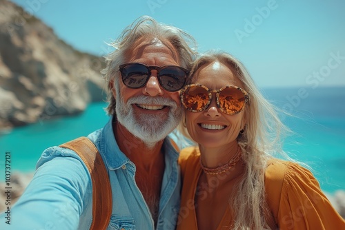 Happy couple enjoys a sunny day at the beach near the turquoise waters of a coastal paradise