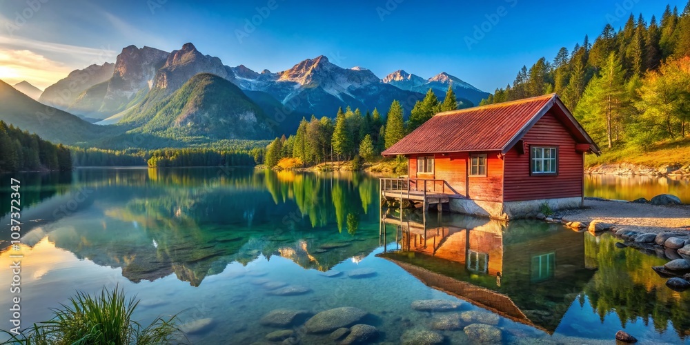 Naklejka premium Scenic Wooden House by Lake with Red Roof and Mountain View in Clear Blue Sky