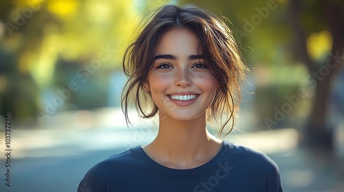 Joyful young woman with dark short hair smiling in a park, dressed casually in a navy blue T-shirt, khaki shorts, and red sneakers