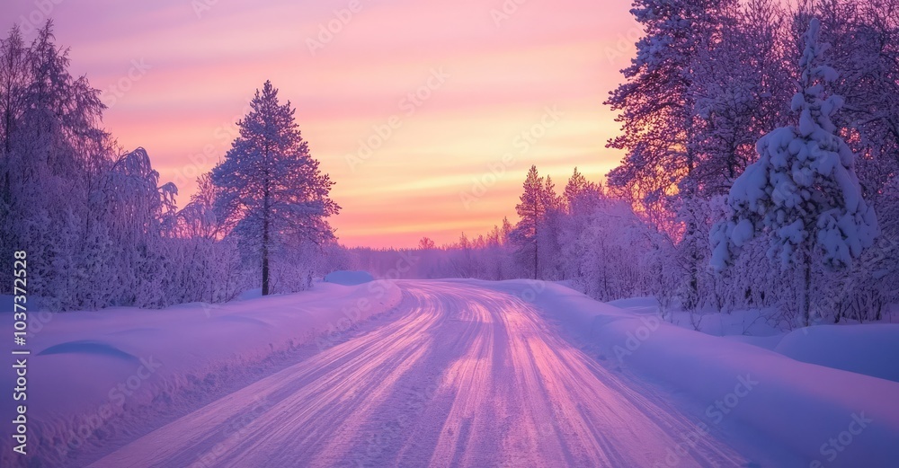 Winter Road to Colorful Sunrise. AI generated illustration. Winter Road to Colorful Sunrise. AI generated illustration.